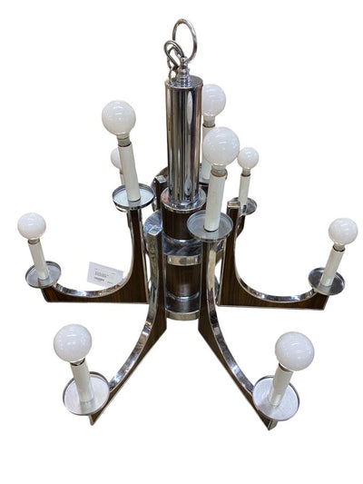 1960's MCM Chrome and Wood Grain 6-Arm Chandelier by Lightolier