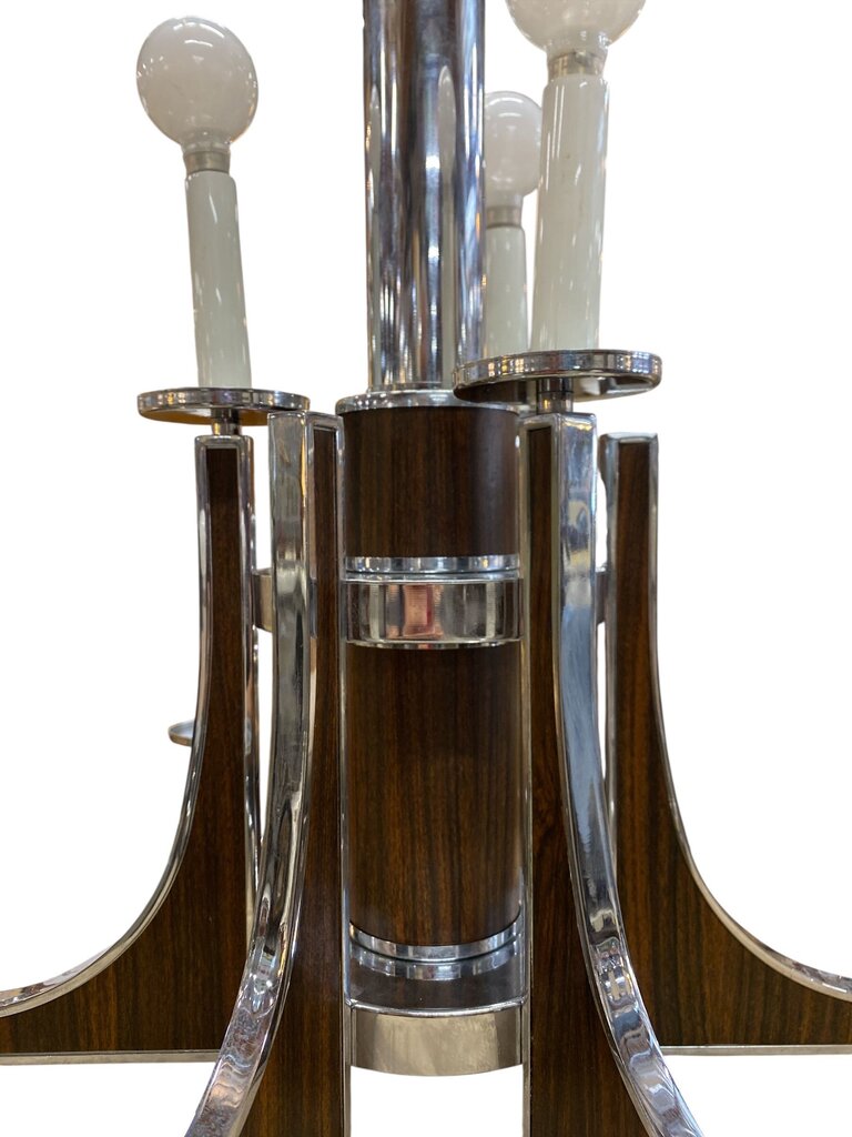 1960's MCM Chrome and Wood Grain 6-Arm Chandelier by Lightolier