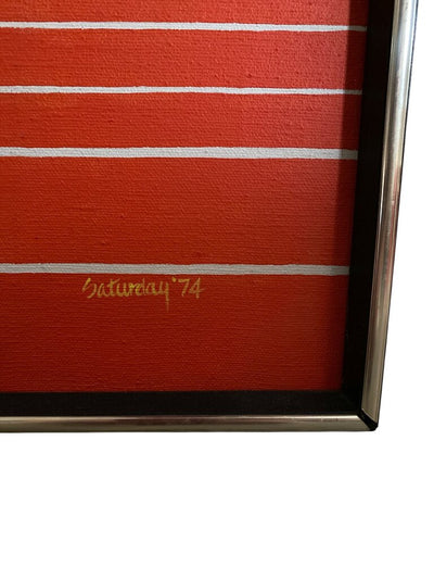 MCM Framed Painting Orange Sunset in the Desert, Signed "Saturday74"