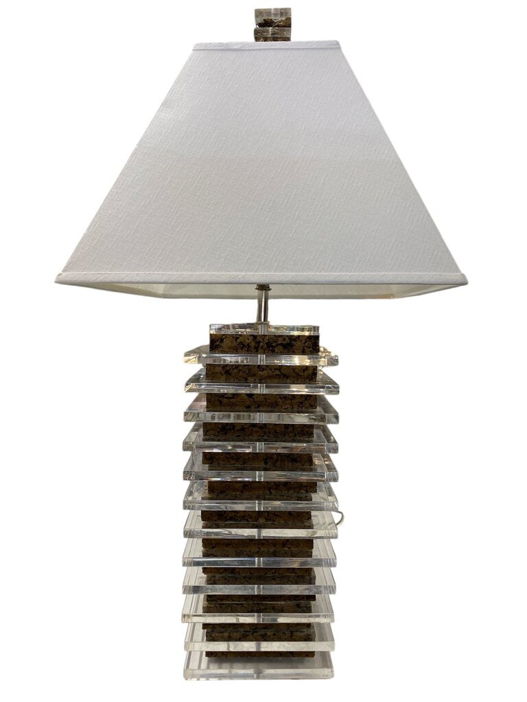 Mid Century Massive Stacked Lucite and Cork Square Table Lamp