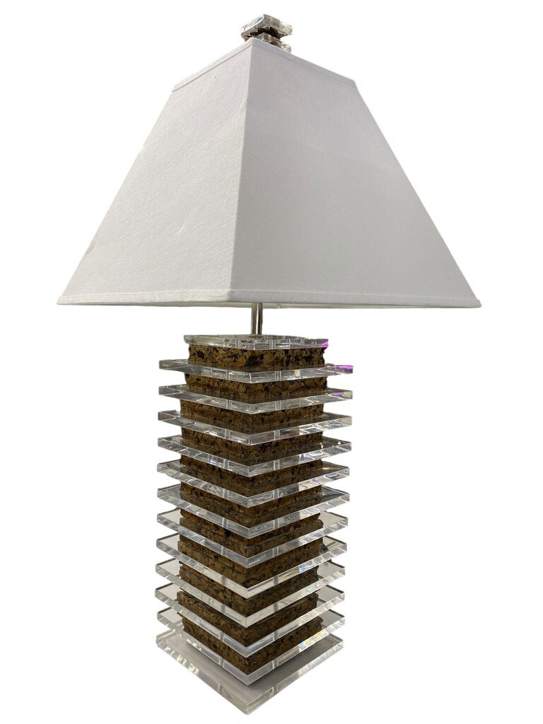 Mid Century Massive Stacked Lucite and Cork Square Table Lamp
