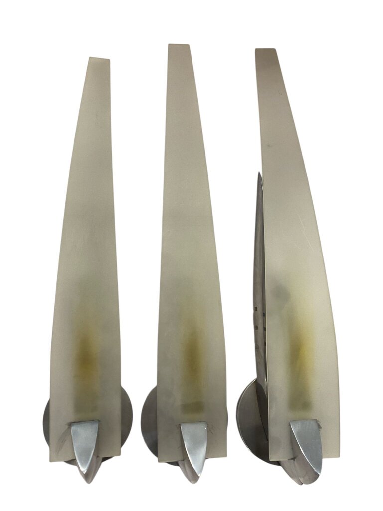 Three Postmodern Aluminum Halogen Wall Sconces with Frosted Plexi Shades (Set of 3)