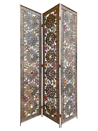 Vintage 3-Piece Bejeweled Metal Screen or Room Divider