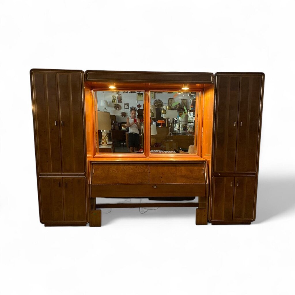 Mid Century "American of Martinsville" Burlwood Mirrored Queen Wardrobe Headboard