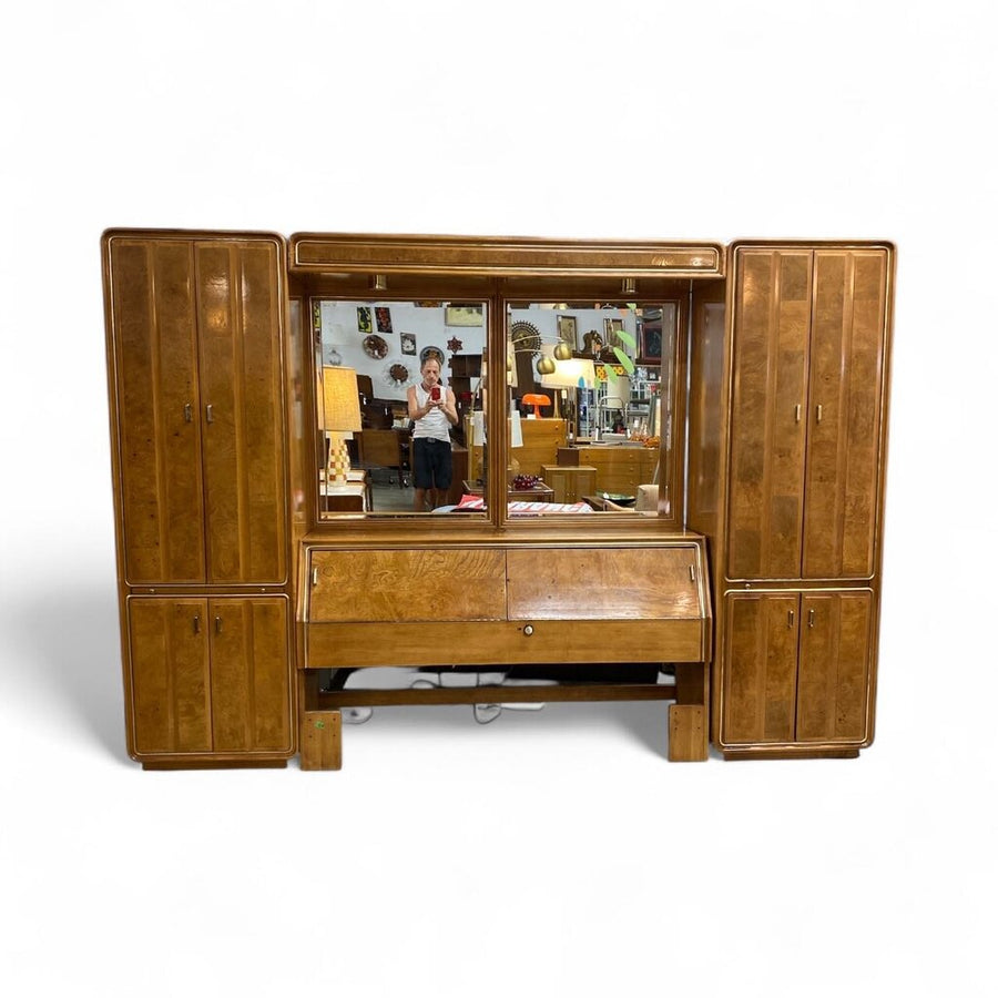Mid Century "American of Martinsville" Burlwood Mirrored Queen Wardrobe Headboard