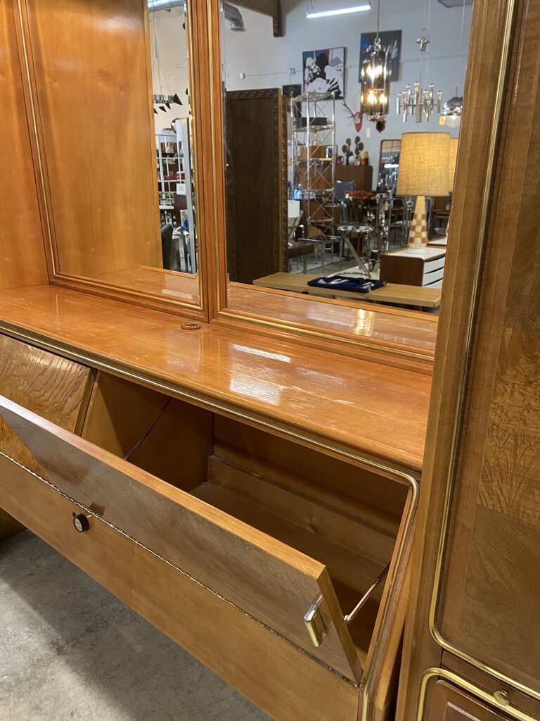 Mid Century "American of Martinsville" Burlwood Mirrored Queen Wardrobe Headboard