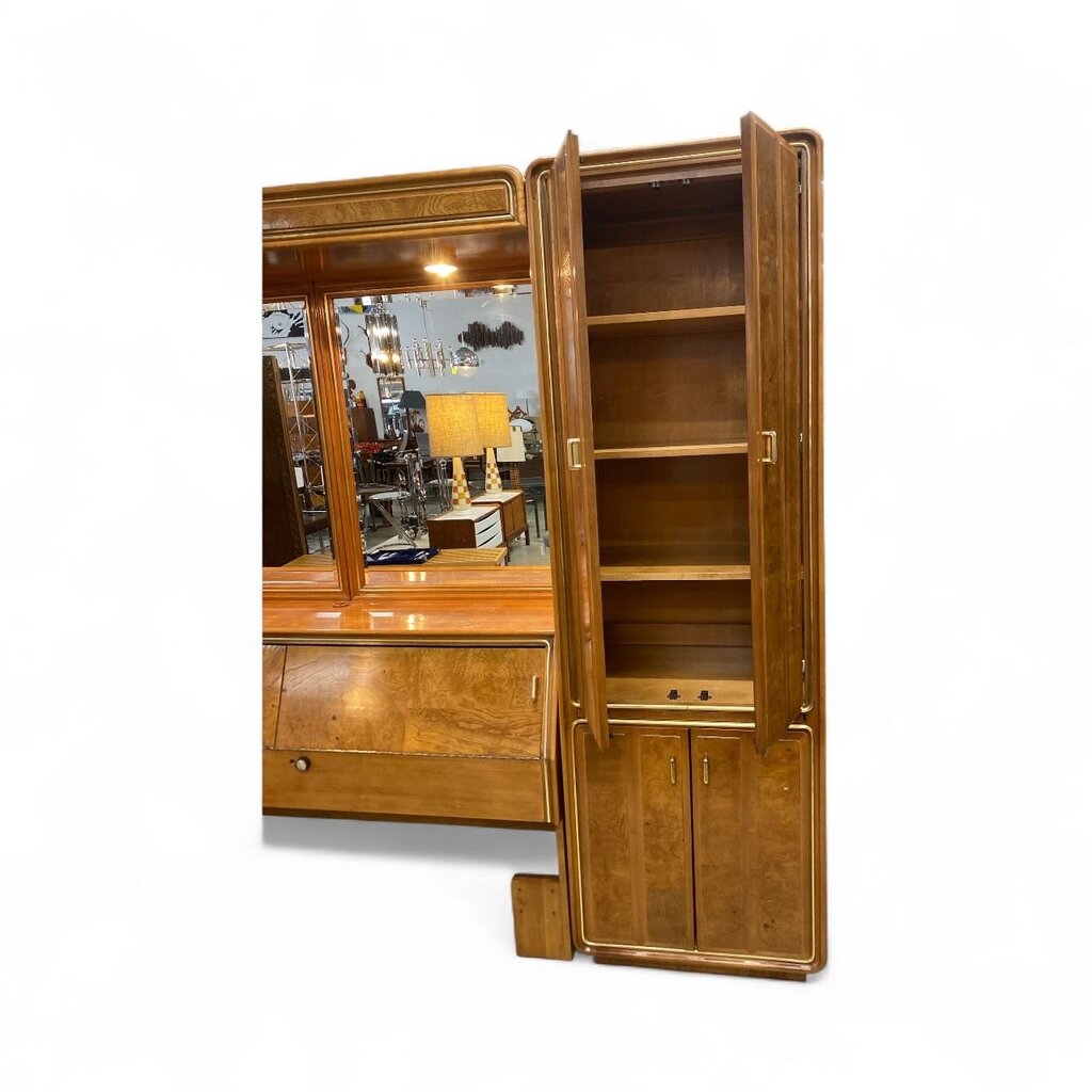 Mid Century "American of Martinsville" Burlwood Mirrored Queen Wardrobe Headboard