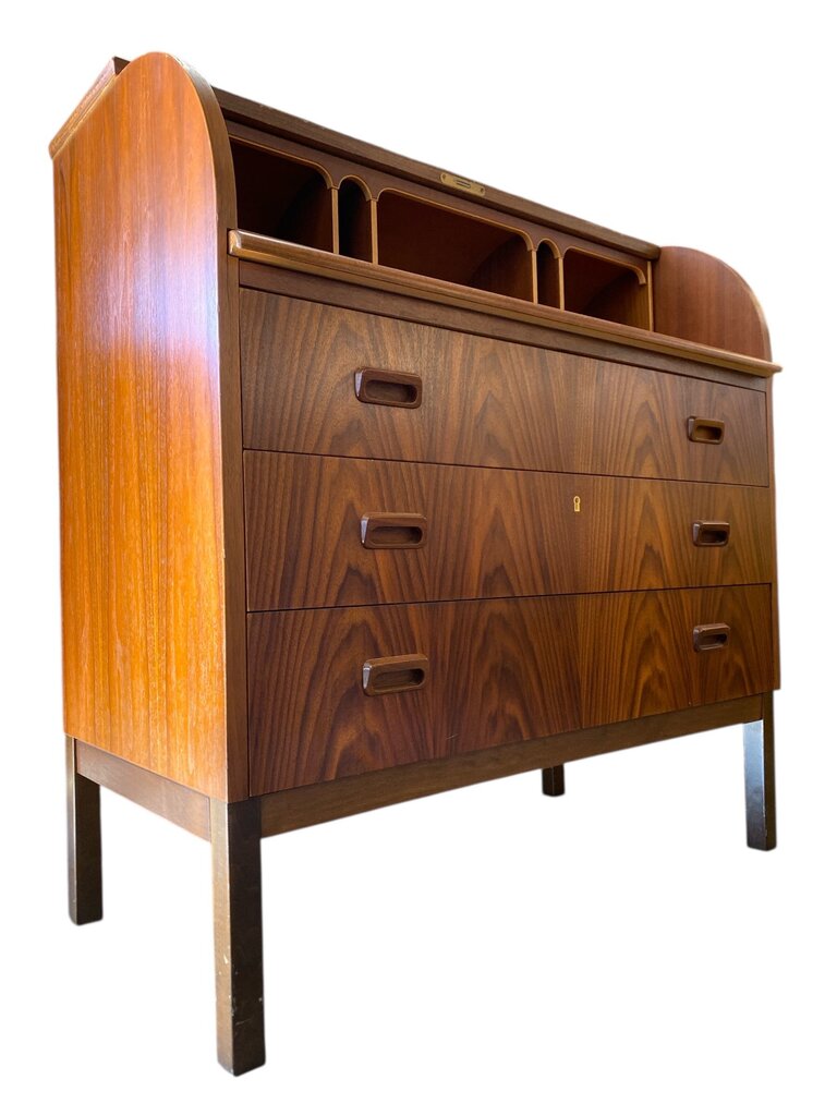 Danish Modern Mid Century Rosewood Roll Top Desk (working key)