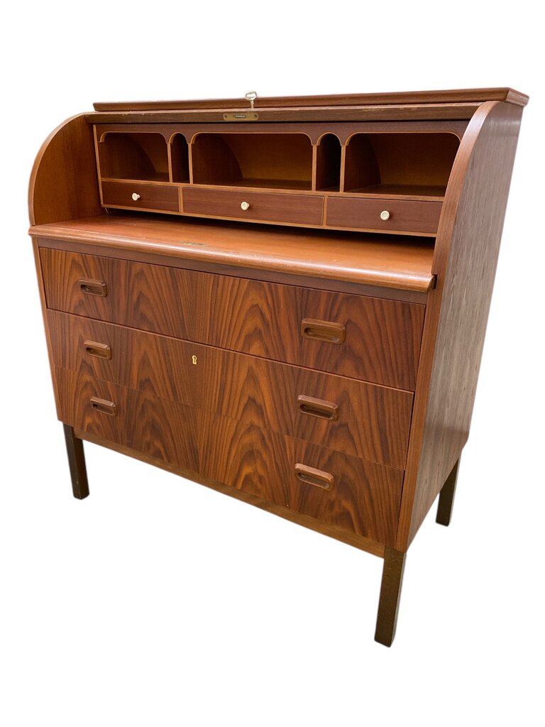 Danish Modern Mid Century Rosewood Roll Top Desk (working key)