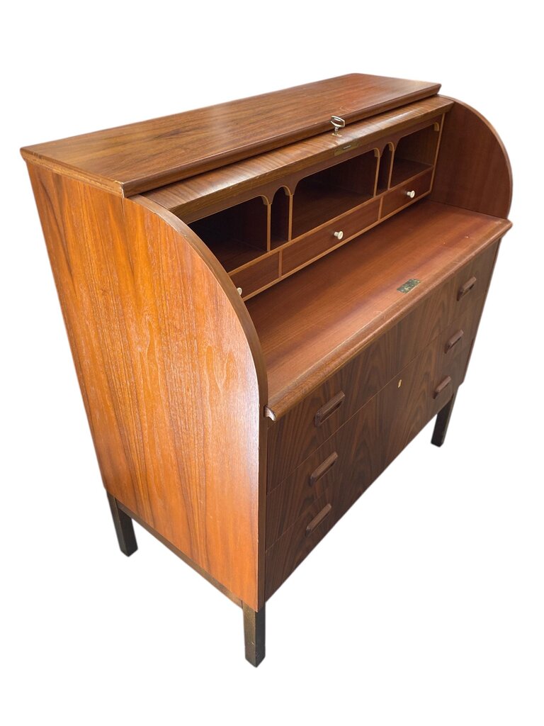 Danish Modern Mid Century Rosewood Roll Top Desk (working key)