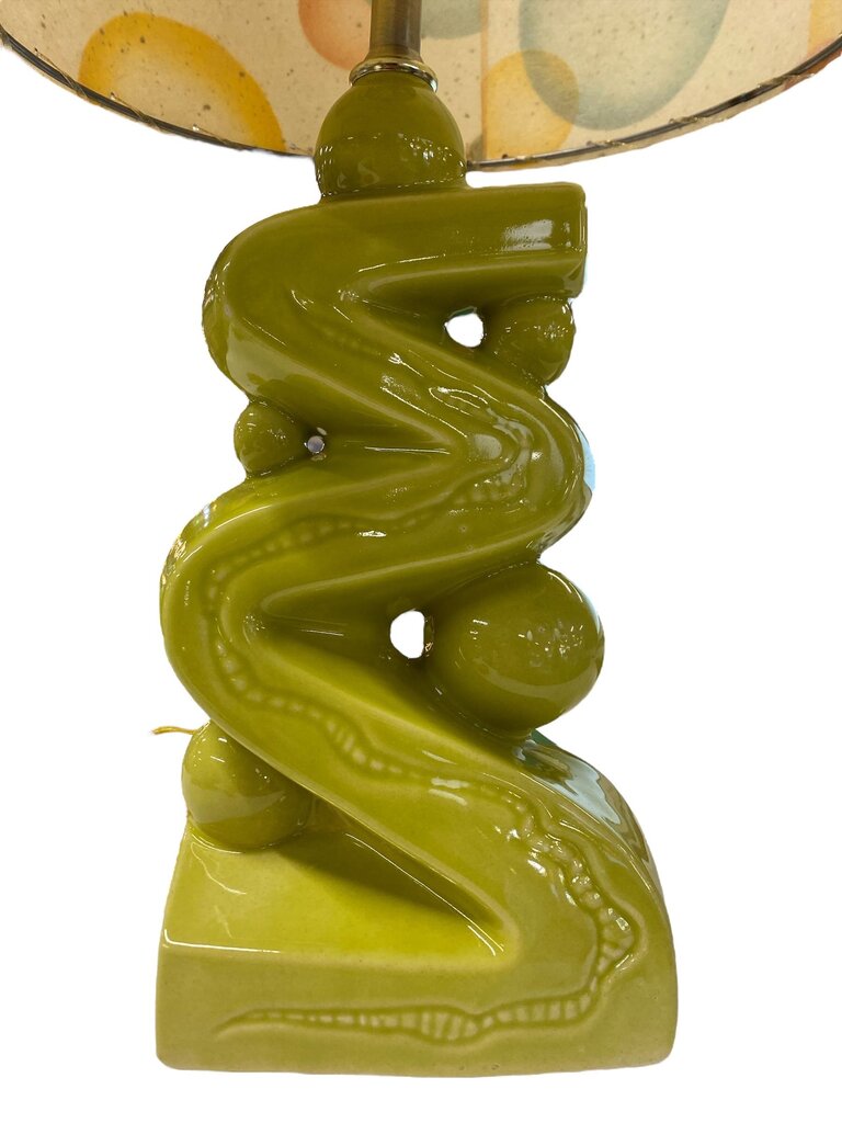 Large Chartreuse Zig Zag Ceramic Lamp with Custom Handmade Shade