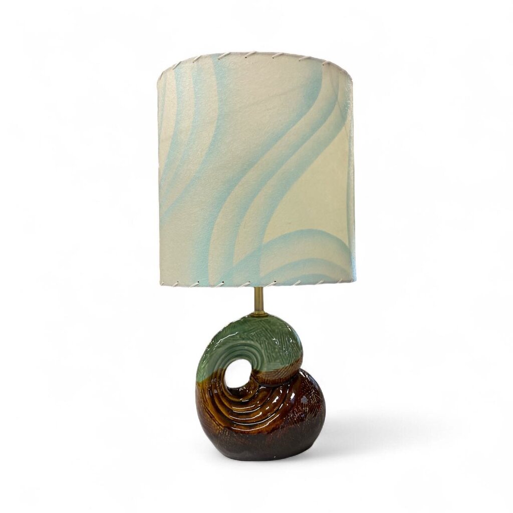 Ceramic Wave Lamp in Brown and Green with Custom Handmade Shade