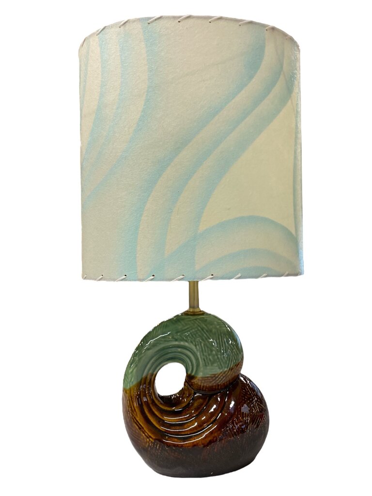 Ceramic Wave Lamp in Brown and Green with Custom Handmade Shade