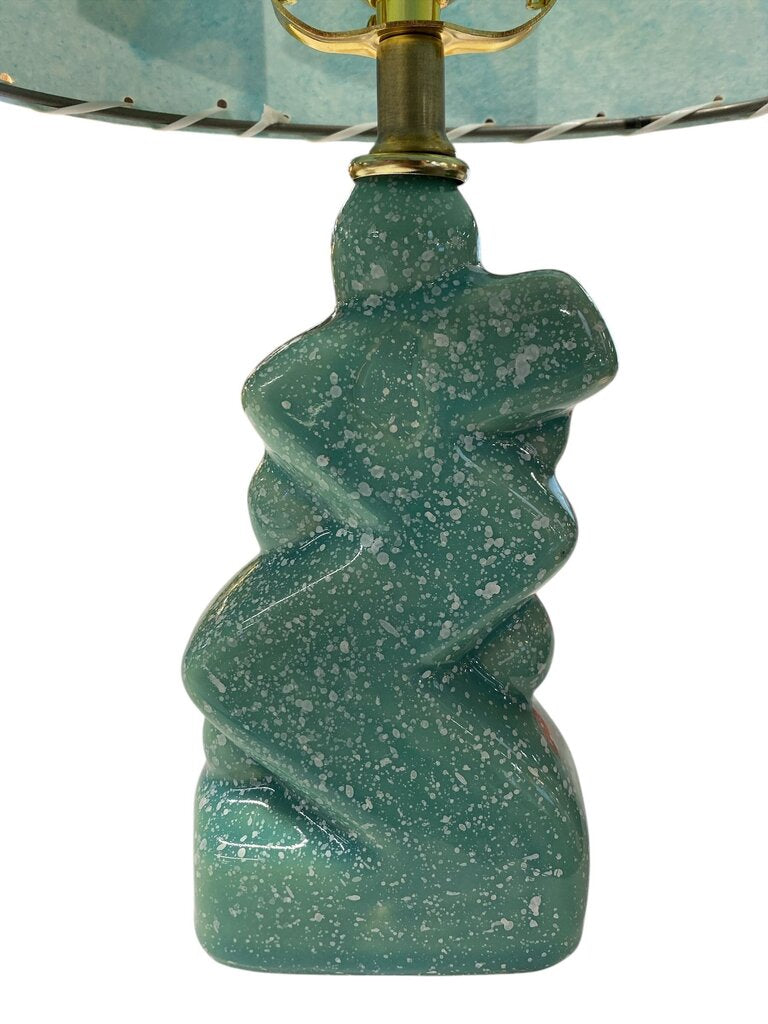 Speckled Aqua Ceramic Zig Zag Lamp with Custom Handmade Shade