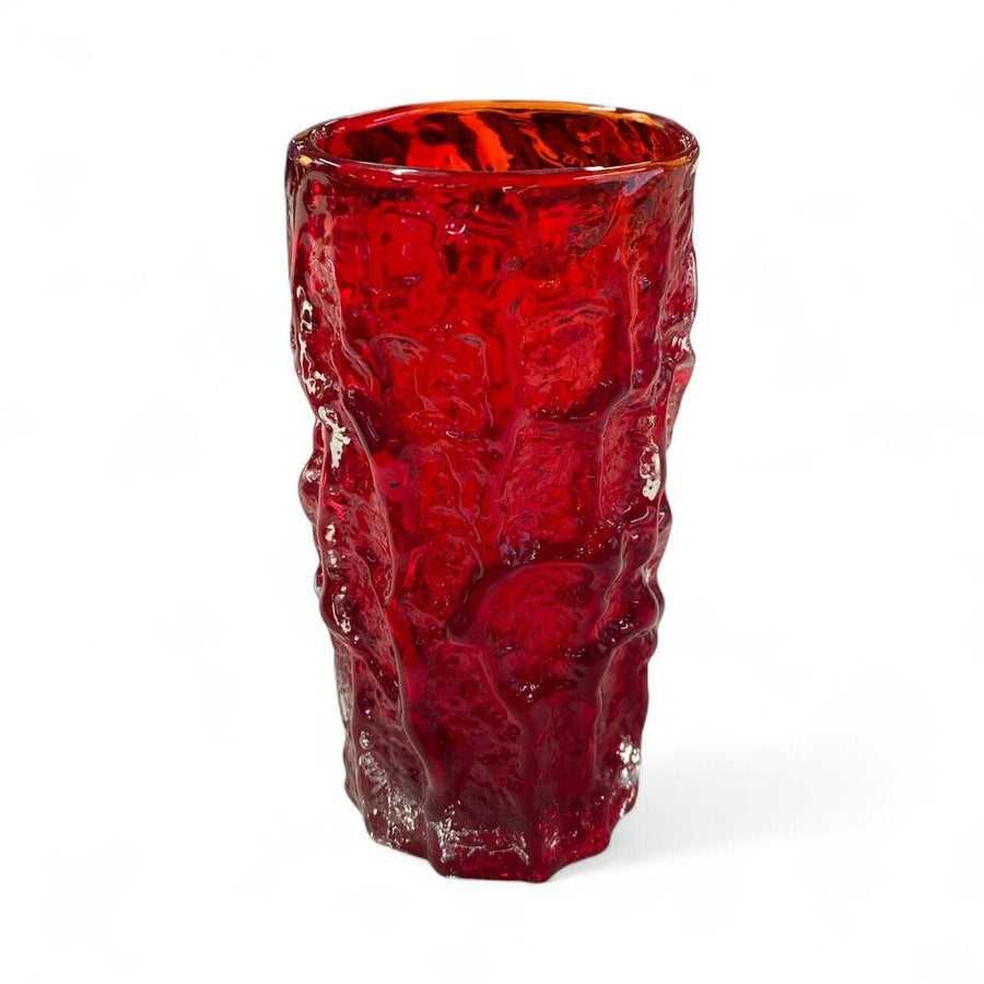 70's Whitefrias Ruby Red Small Bark Vase by Geoffrey Baxter
