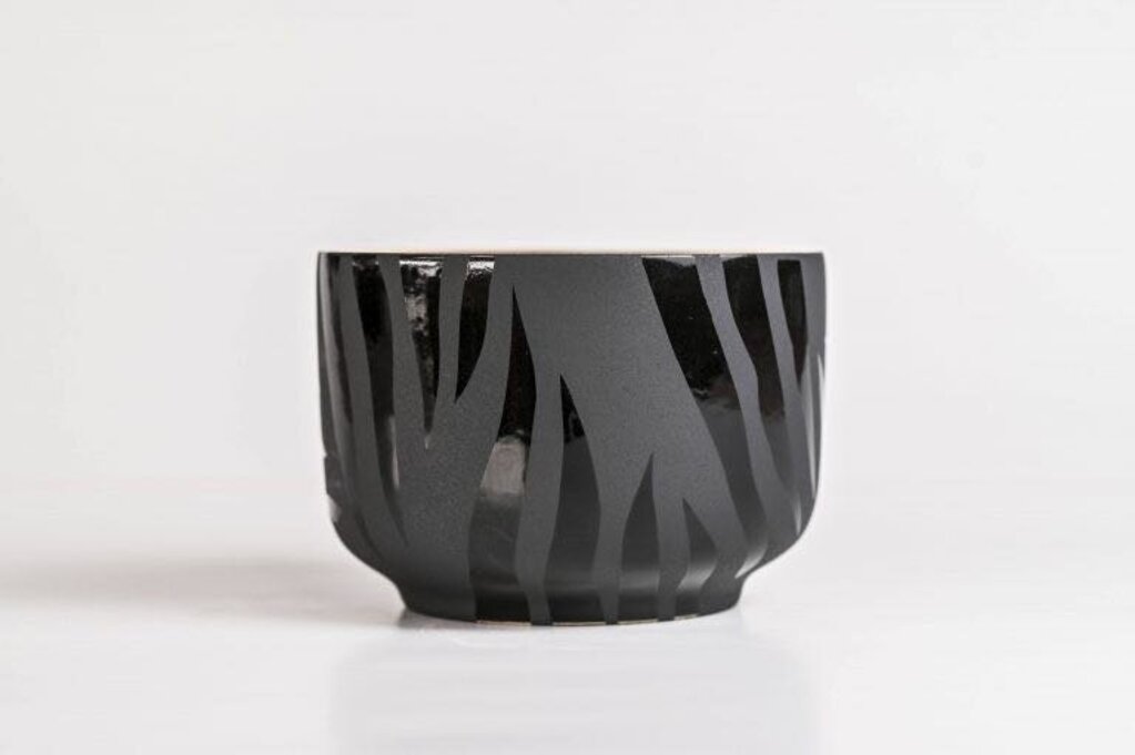 Black Tiger Lines Bowl w/ Gold Rim by Waylande Gregory