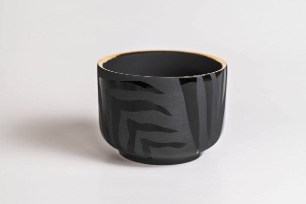 Black Tiger Lines Bowl w/ Gold Rim by Waylande Gregory