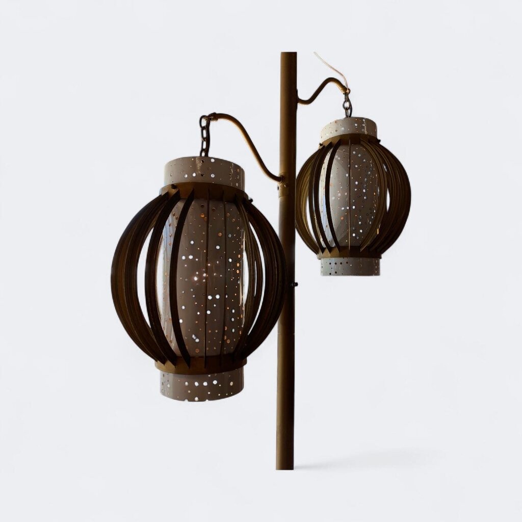 Mid Century Tension Pole Lamp w/ 2 Sculpted and Perforated Metal Lights
