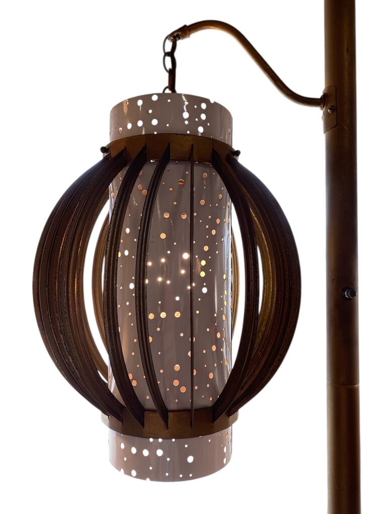 Mid Century Tension Pole Lamp w/ 2 Sculpted and Perforated Metal Lights