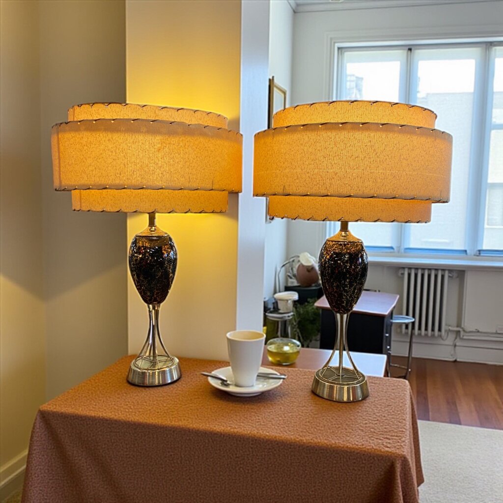 Vintage Pair of Atomic Black Ceramic Table Lamps (Set of 2)