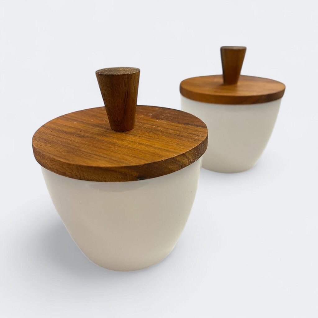 PAIR of Kastrup Jacob Bank Opaline Glass Containers with Teak Covers (Set of 2)