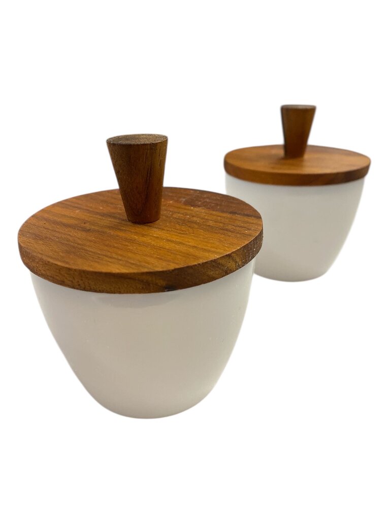 PAIR of Kastrup Jacob Bank Opaline Glass Containers with Teak Covers (Set of 2)