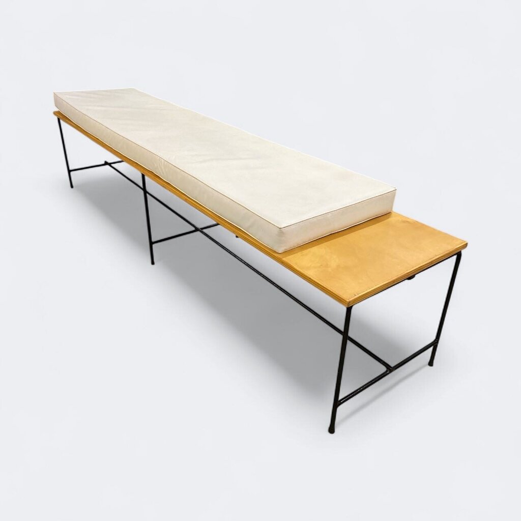 Mid Century Planner Group Iron and Maple Bench with Original Cushion