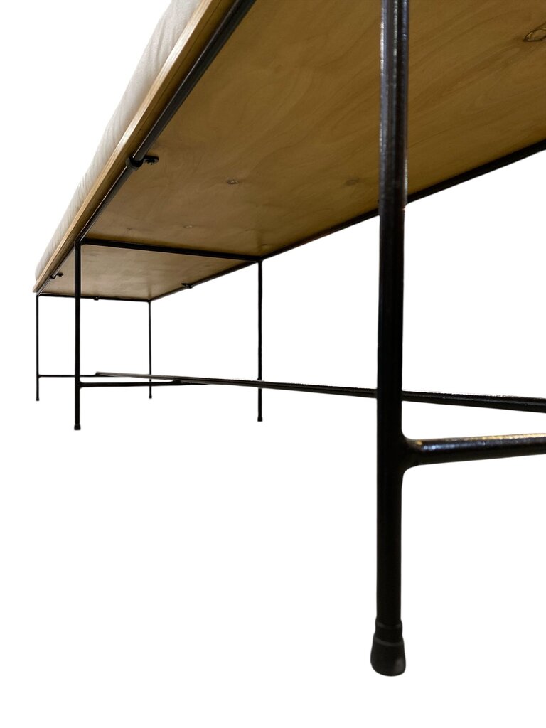 Mid Century Planner Group Iron and Maple Bench with Original Cushion