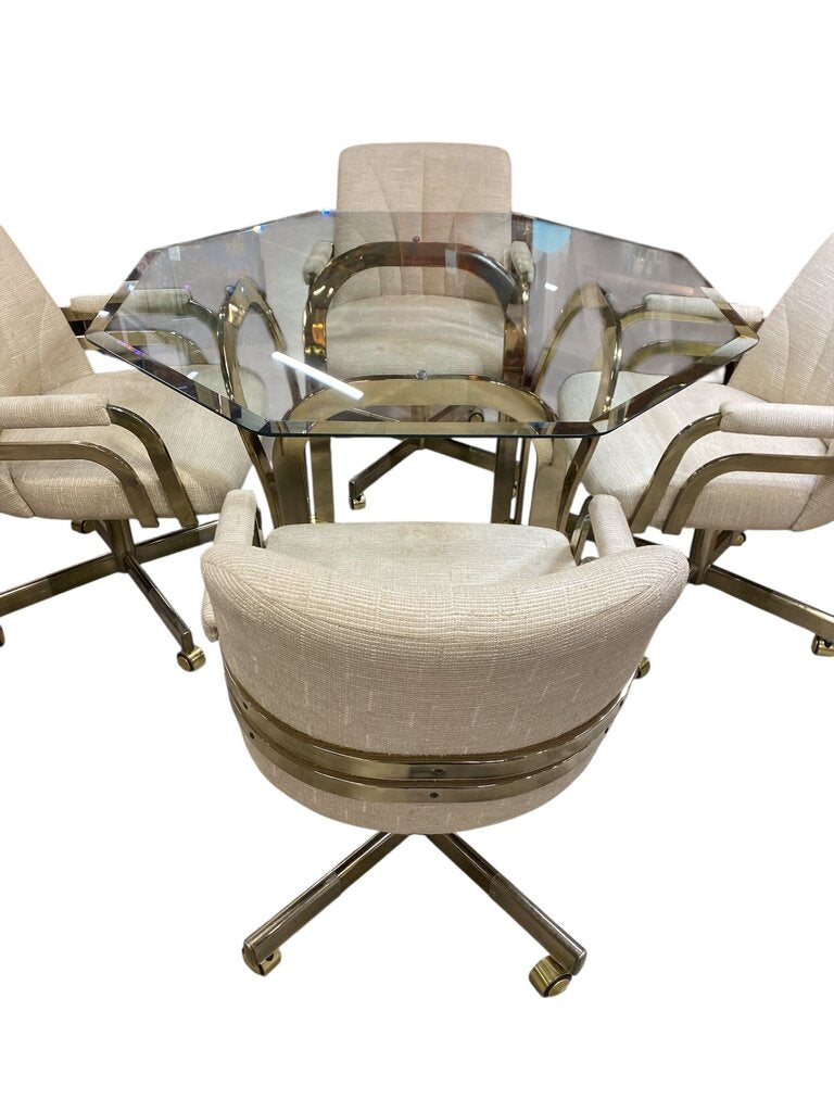 Chromcraft Brass & Glass Dining Table w/4 Swivel Chairs (Set of 5)