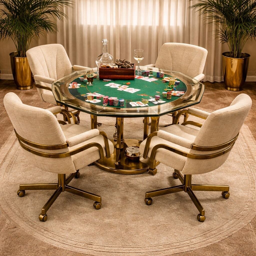 Chromcraft Brass & Glass Dining Table w/4 Swivel Chairs (Set of 5)