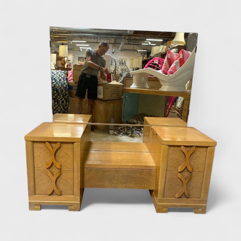 Light Finish Art Deco MCM Style Vanity w/Mirror