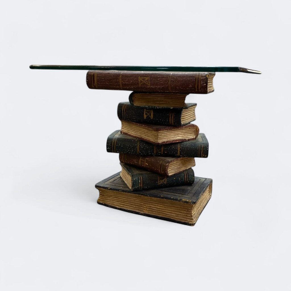 Vintage Book Stack Glass Top Side Table