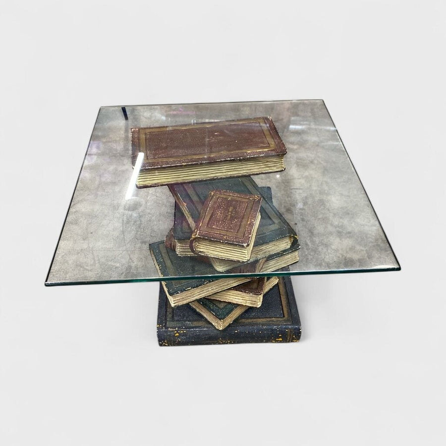 Vintage Book Stack Glass Top Side Table
