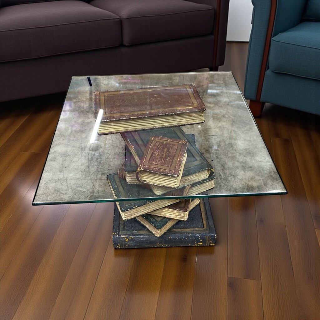 Vintage Book Stack Glass Top Side Table