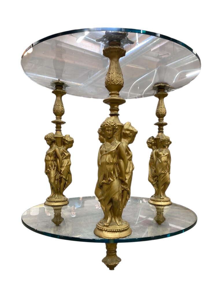 Hollywood Regency Figura Three Graces Posts Glass End Table