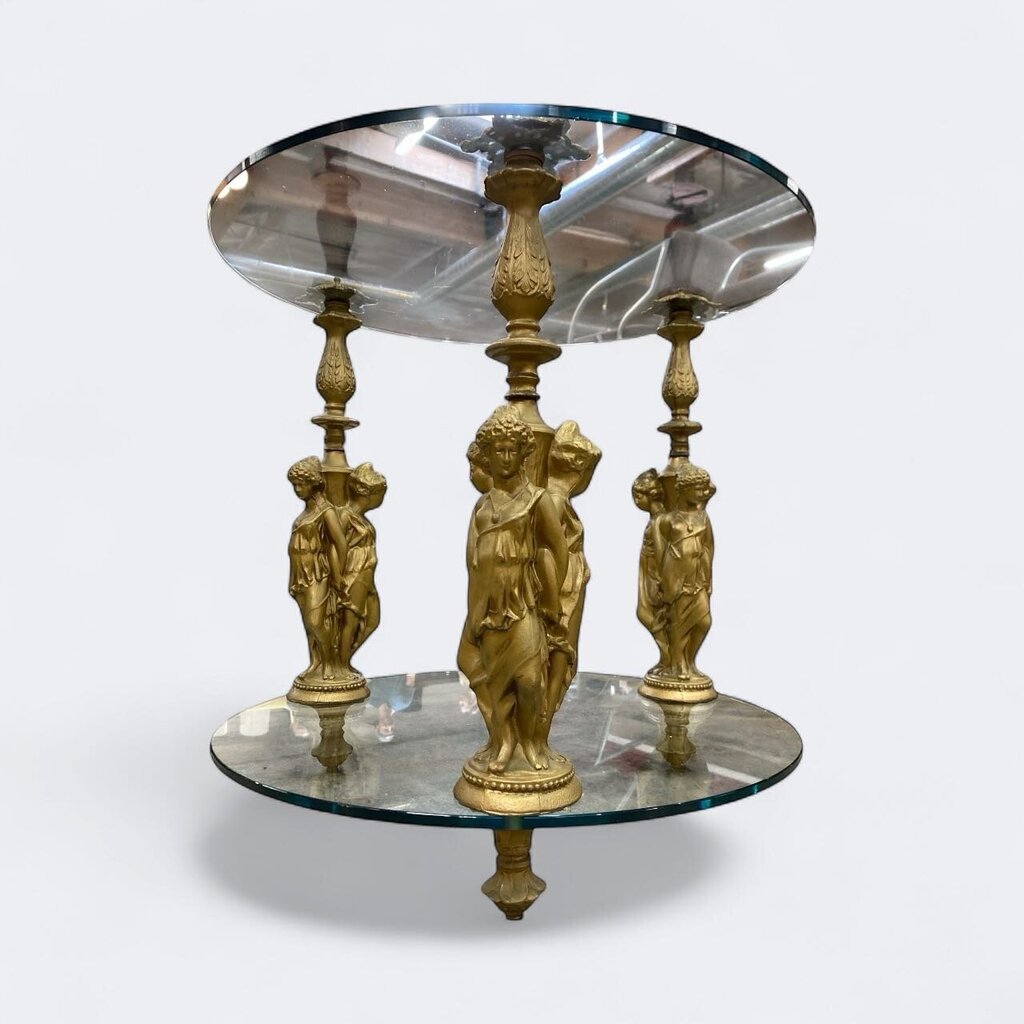 Hollywood Regency Figura Three Graces Posts Glass End Table