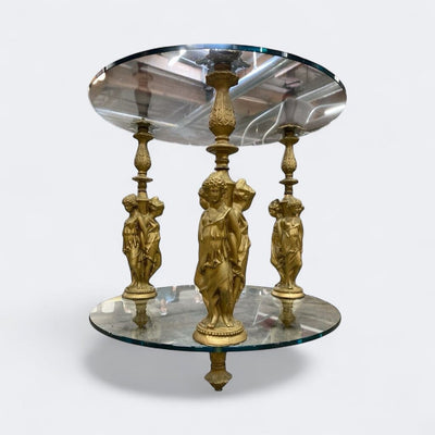 Hollywood Regency Figura Three Graces Posts Glass End Table