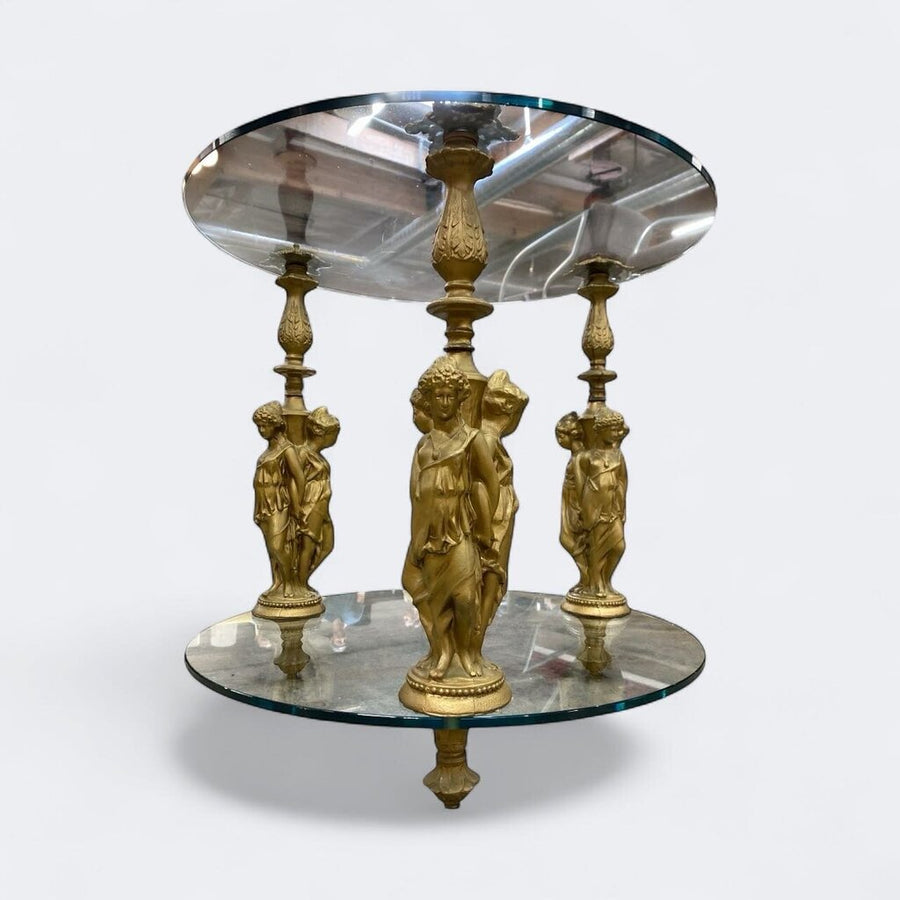 Hollywood Regency Figura Three Graces Posts Glass End Table