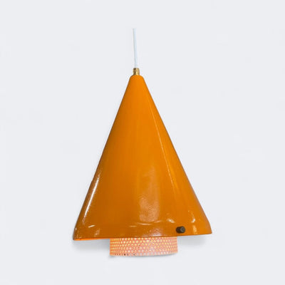 FABULOUS Pair of Gerald Thurston Pendant Lamp - Powder Coated in Orange with White Perforated Cylinder Floating in the Interior