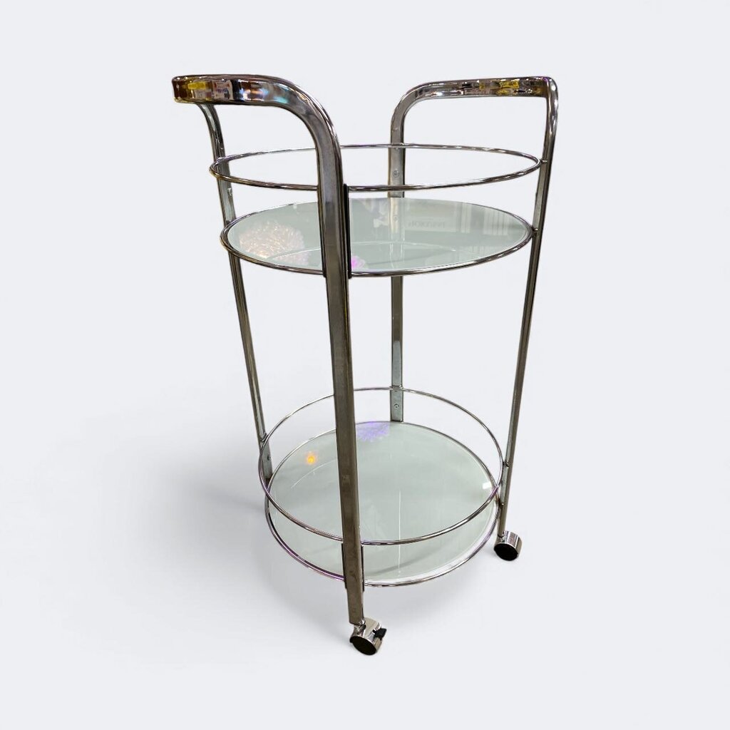 Chrome and White Glass Petite Circular Bar Cart