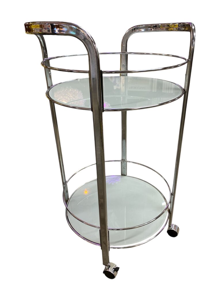 Chrome and White Glass Petite Circular Bar Cart