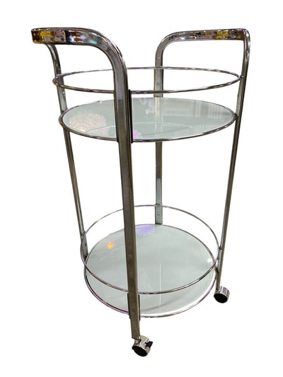Chrome and White Glass Petite Circular Bar Cart
