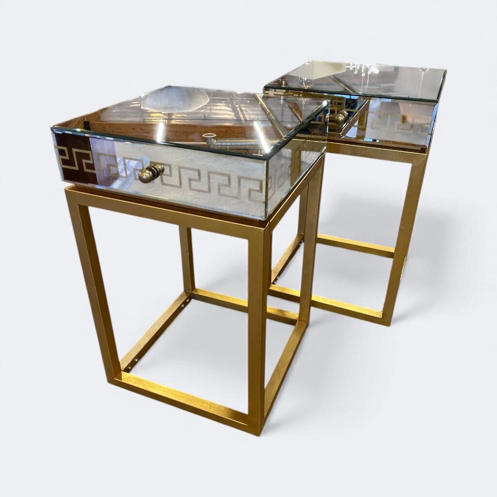 Pair of Mirrored Gold Greek Key Nightstands (Set of 2)
