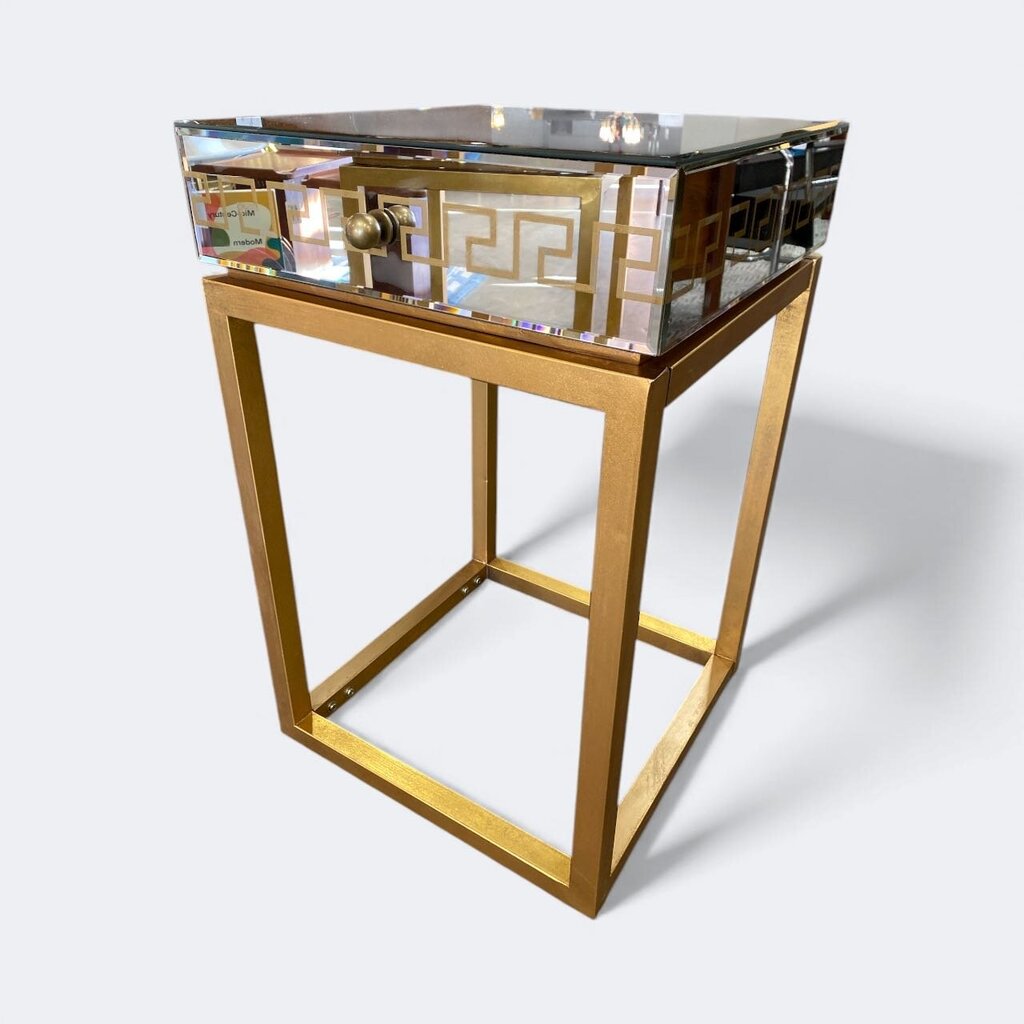 Pair of Mirrored Gold Greek Key Nightstands (Set of 2)
