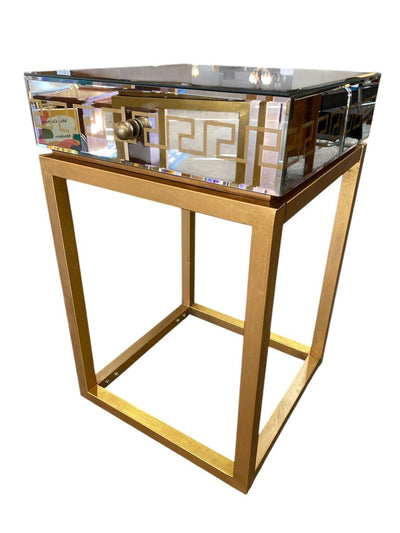 Pair of Mirrored Gold Greek Key Nightstands (Set of 2)