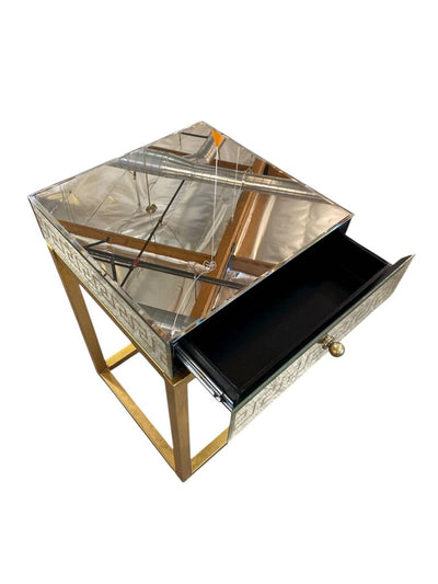 Pair of Mirrored Gold Greek Key Nightstands (Set of 2)