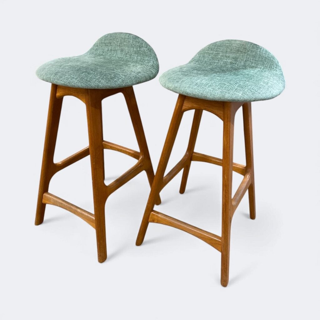 Pair of Erik Buch Vintage Bar Stools with Aqua Chenille Upholstery (Set of 2)