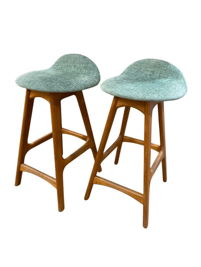 Pair of Erik Buch Vintage Bar Stools with Aqua Chenille Upholstery (Set of 2)