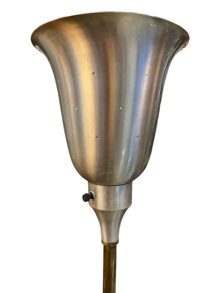 1940's Russel Wright Art Deco Torchiere Floor Lamp in Bronze with Spun Aluminum Shade