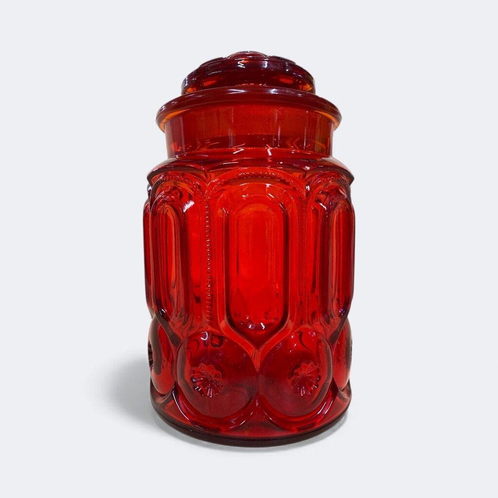 Vintage L.E. Smith Moon and Stars Amberina Glass Canister with Lid